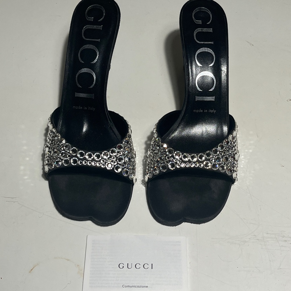 Gucci Women's Black Mules silk heels with Crystal Accents